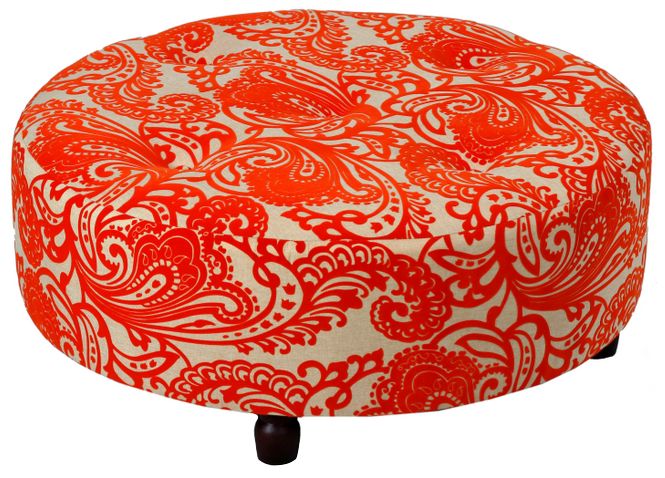 Large Orange Paisley Print Round Tufted Ottoman