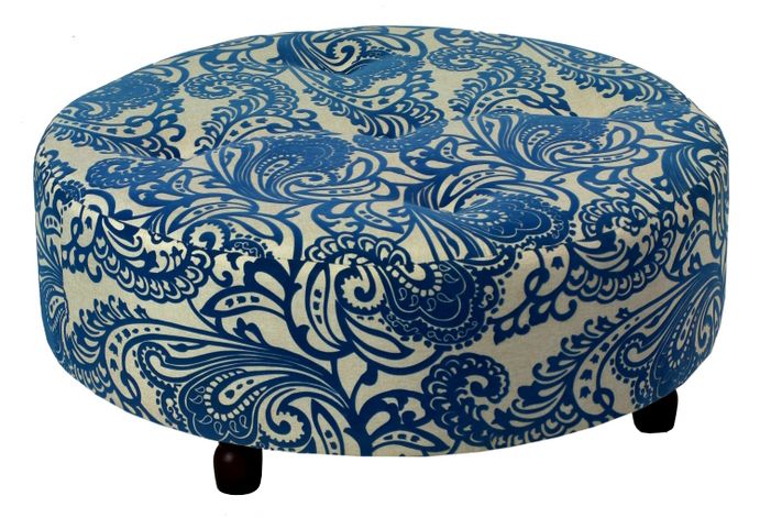 Large Blue Paisley Print Round Tufted Ottoman