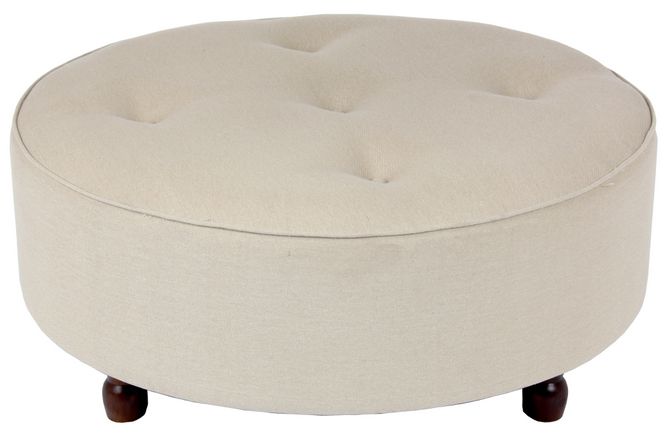 Beige Round Wooden Leg Tufted Ottoman