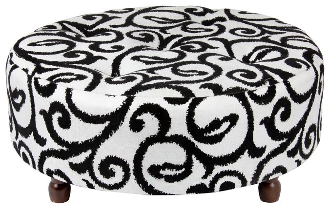Scroll Round Wooden Leg Tufted Ottoman