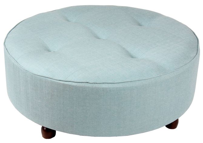 Light Blue Round Wooden Leg Tufted Ottoman