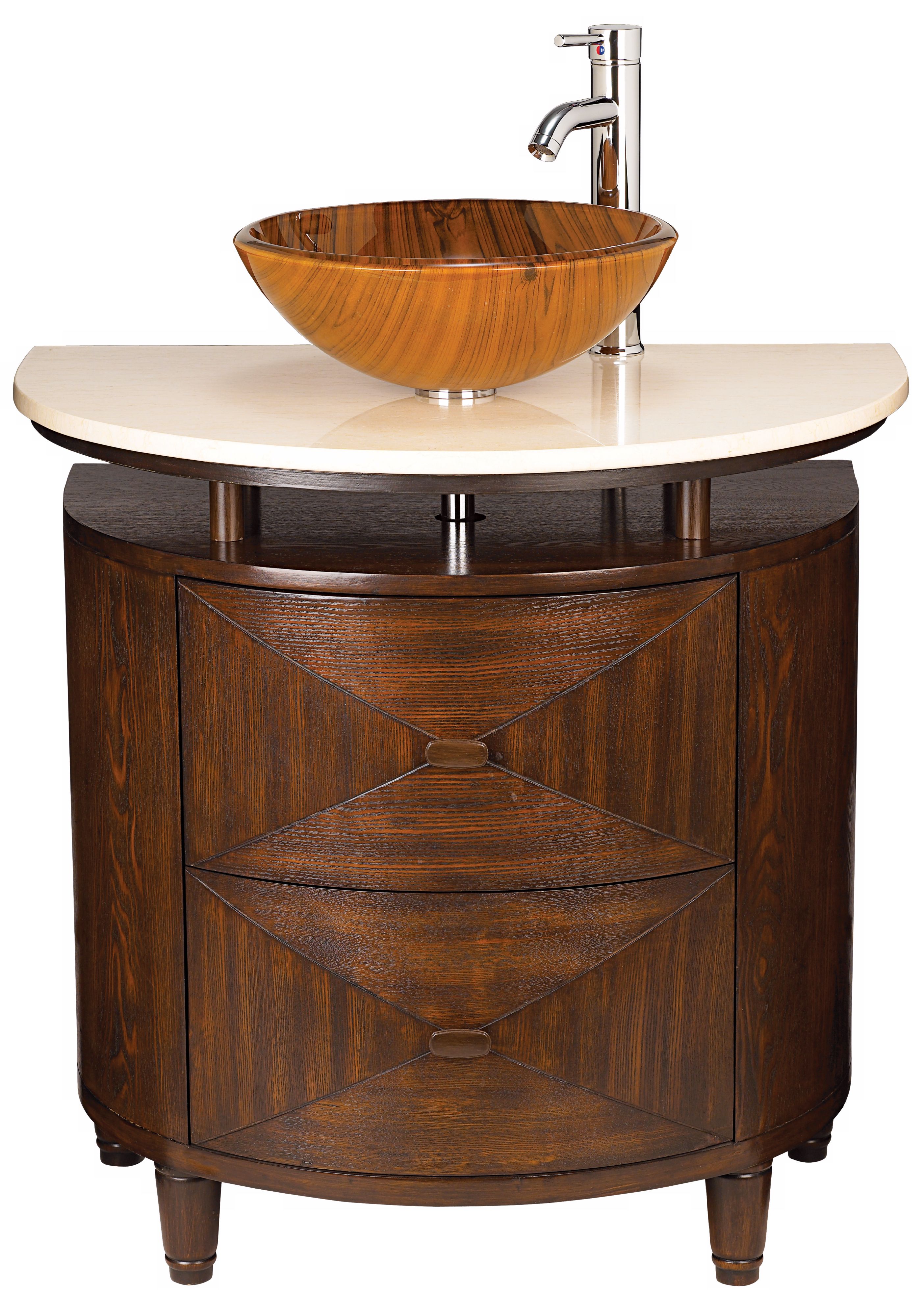 Walnut Finish Marble Top Glass Basin Sink Console