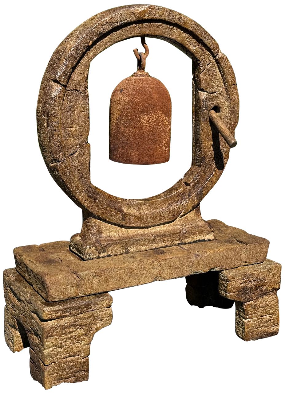 Henri Studio Cast Stone Circle Bell Asian Garden Sculpture