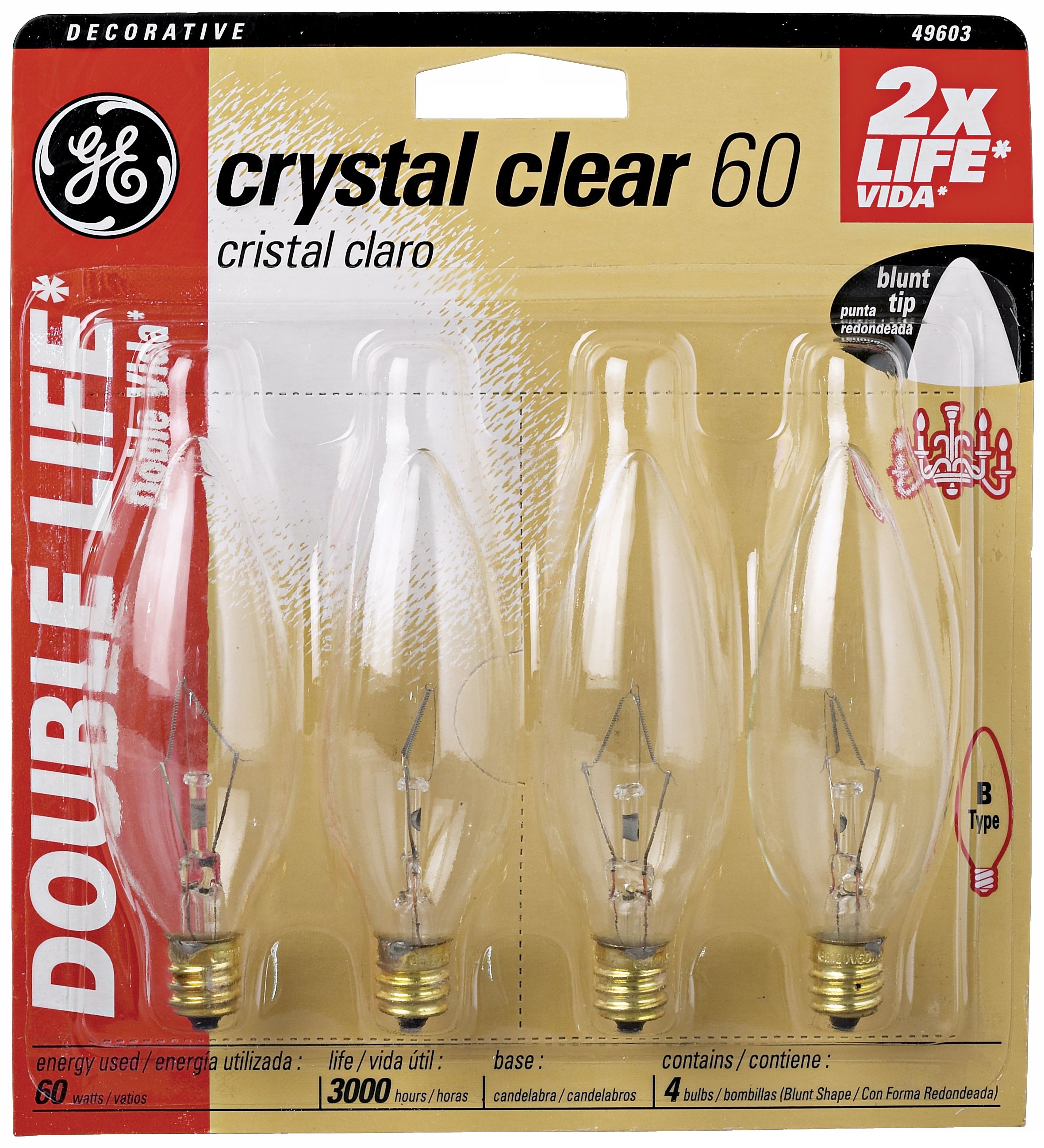 GE Blunt–Tip 60 Watt Candelabra Base 4–Pack Light Bulbs