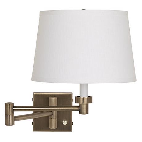 Antique Brass with White Linen Shade Plug-In Swing Arm Wall Lamp - #37857-K4850 www.lampsplus.com