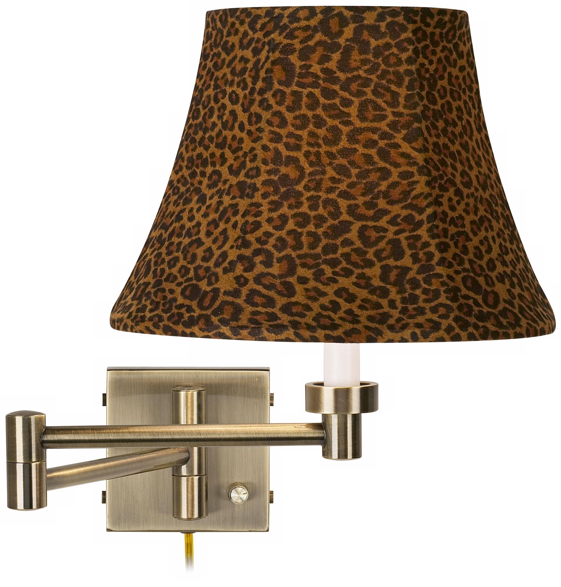 Leopard Shade Antique Brass Plug-In Swing Arm Wall Lamp