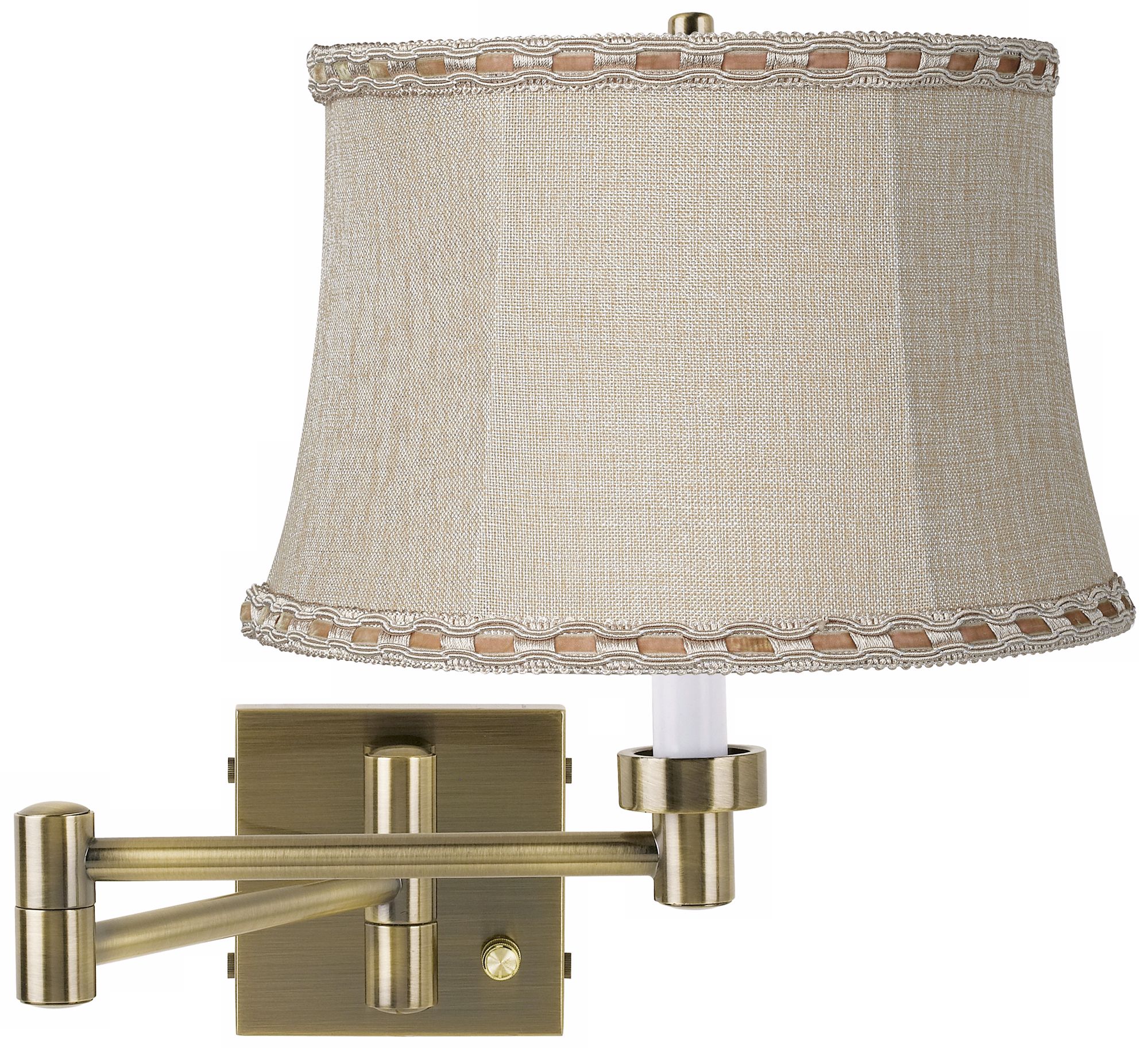 Beige Ribbon Shade Brass Plug-In Swing Arm Wall Lamp