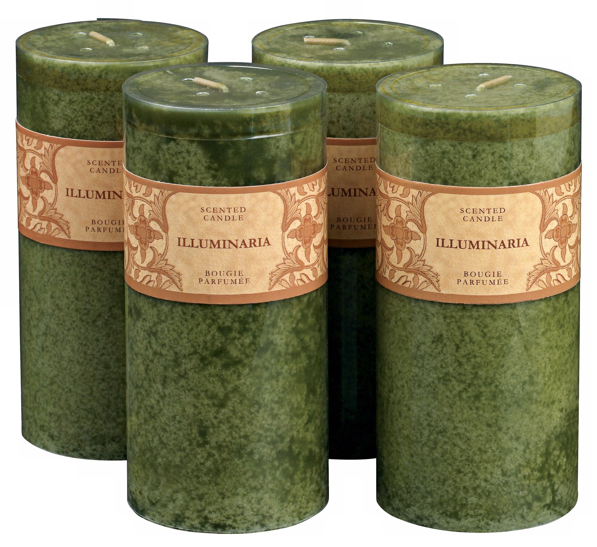 Set of 4 Pear Blossom Scented Green 6" Pillar Candles