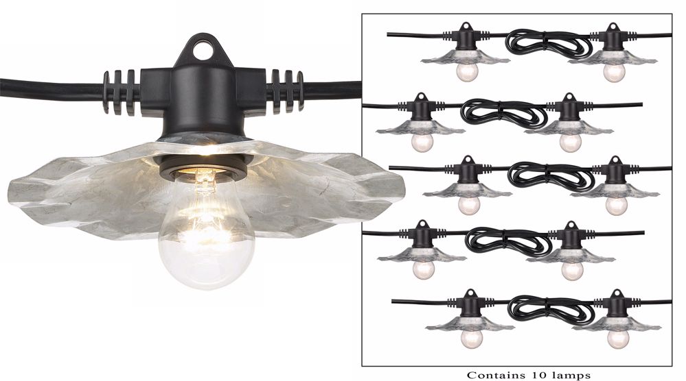 Ten Galvanized Shade String Lights - 50 Foot Length