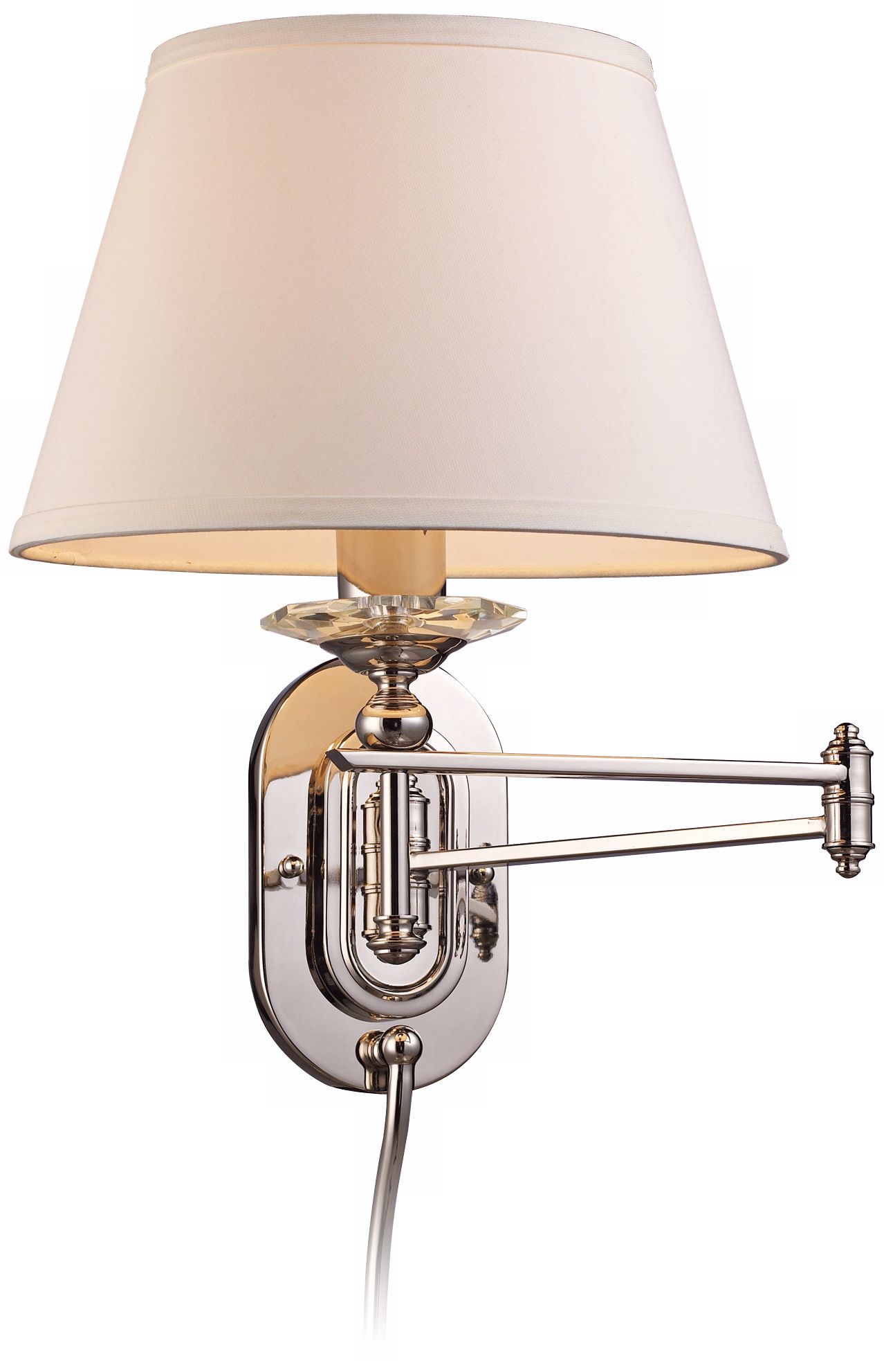Off-White Shade Polished Nickel Plug-In Swing Arm Wall Lamp