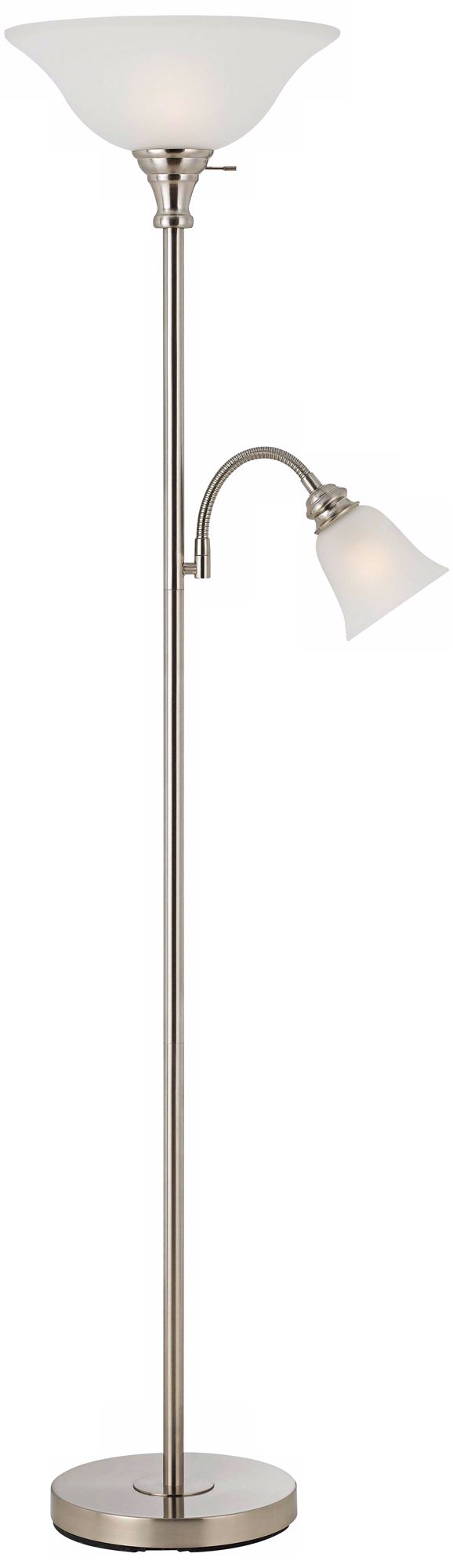 Gemini Brushed Steel and Frosted Shade Torchiere