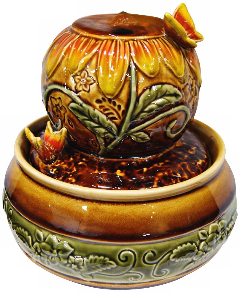 Sunflower and Butterflies Two-Tier Ceramic Tabletop Fountain