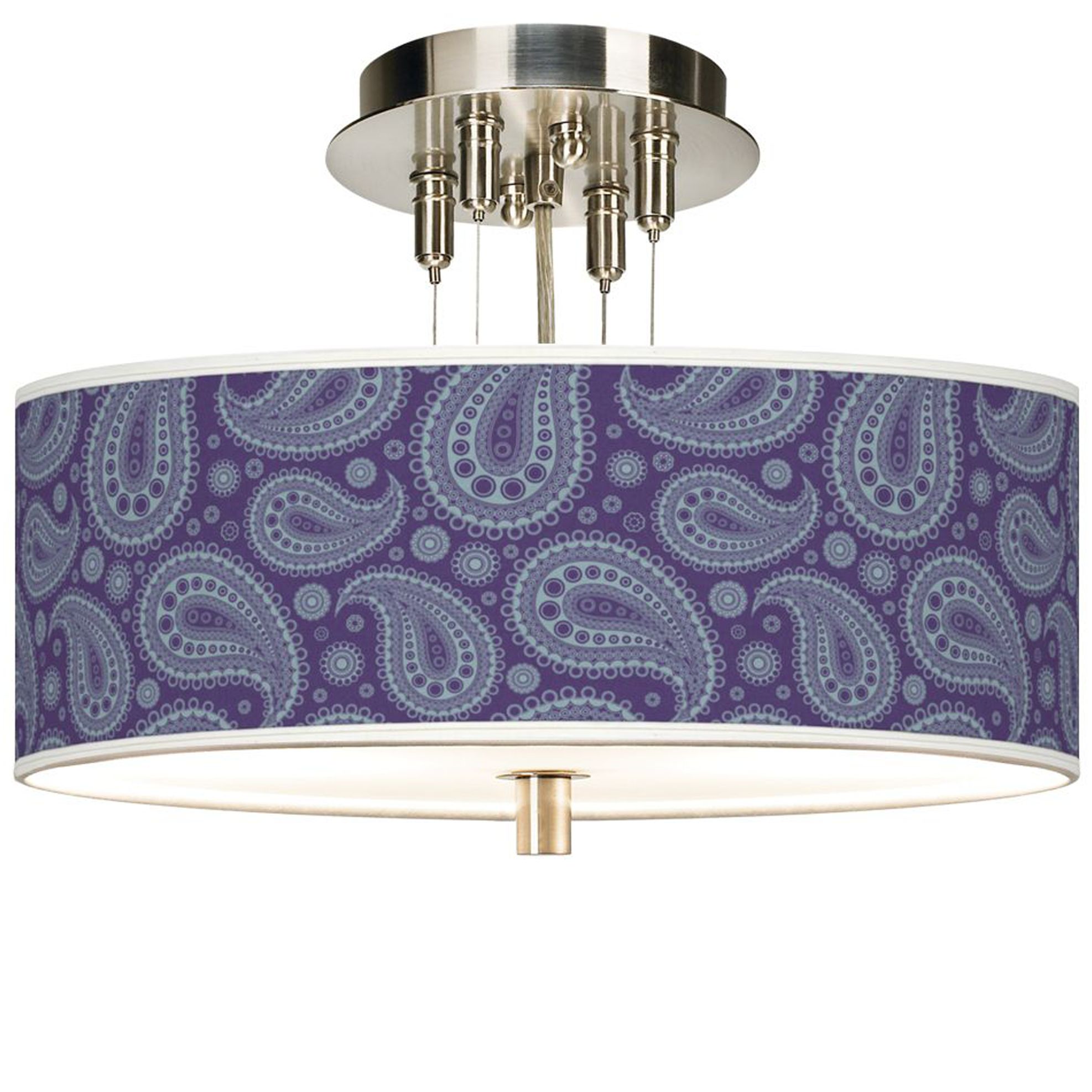 Purple Paisley Linen 14" Wide Semi-Flush Ceiling Light