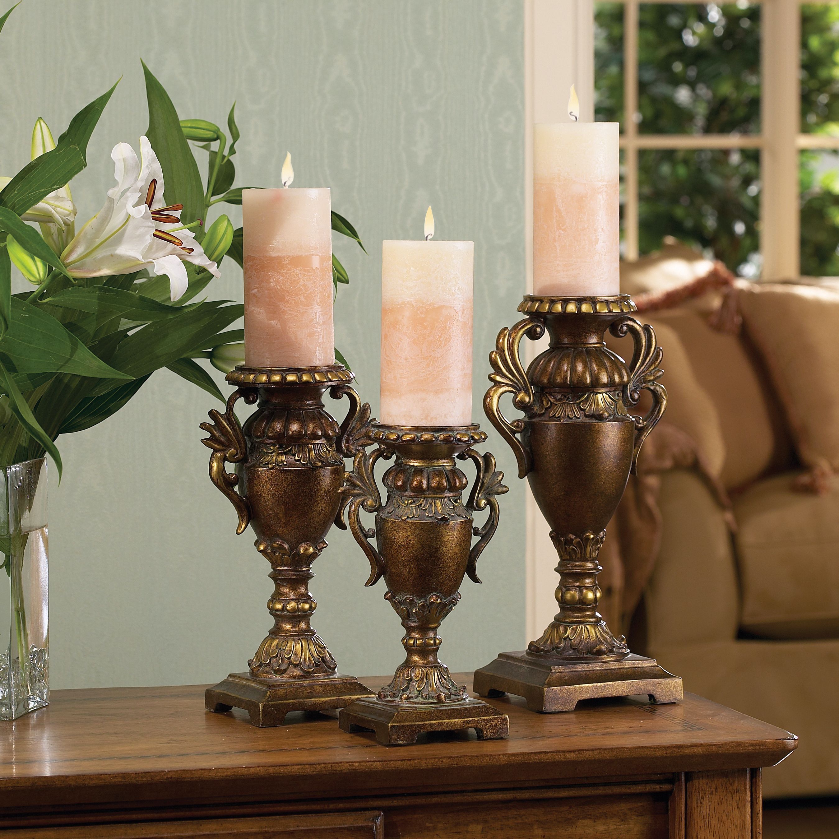 Set of Three Bronze Urn Candle Holders