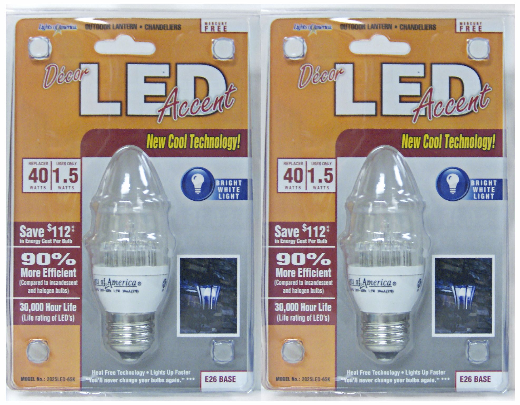 2 Pack 1.5 Watt LED Standard Base Light Bulbs