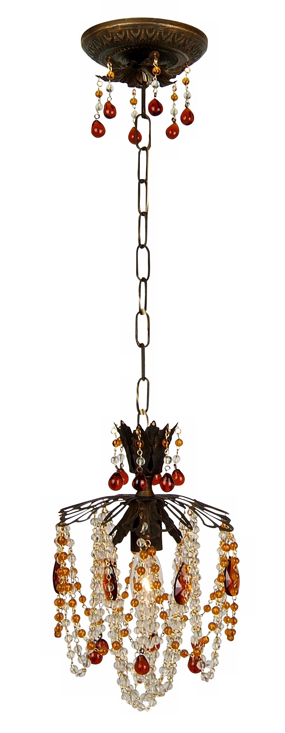 Antique Gold Finish Amber Drop Crystal Pendant Chandelier