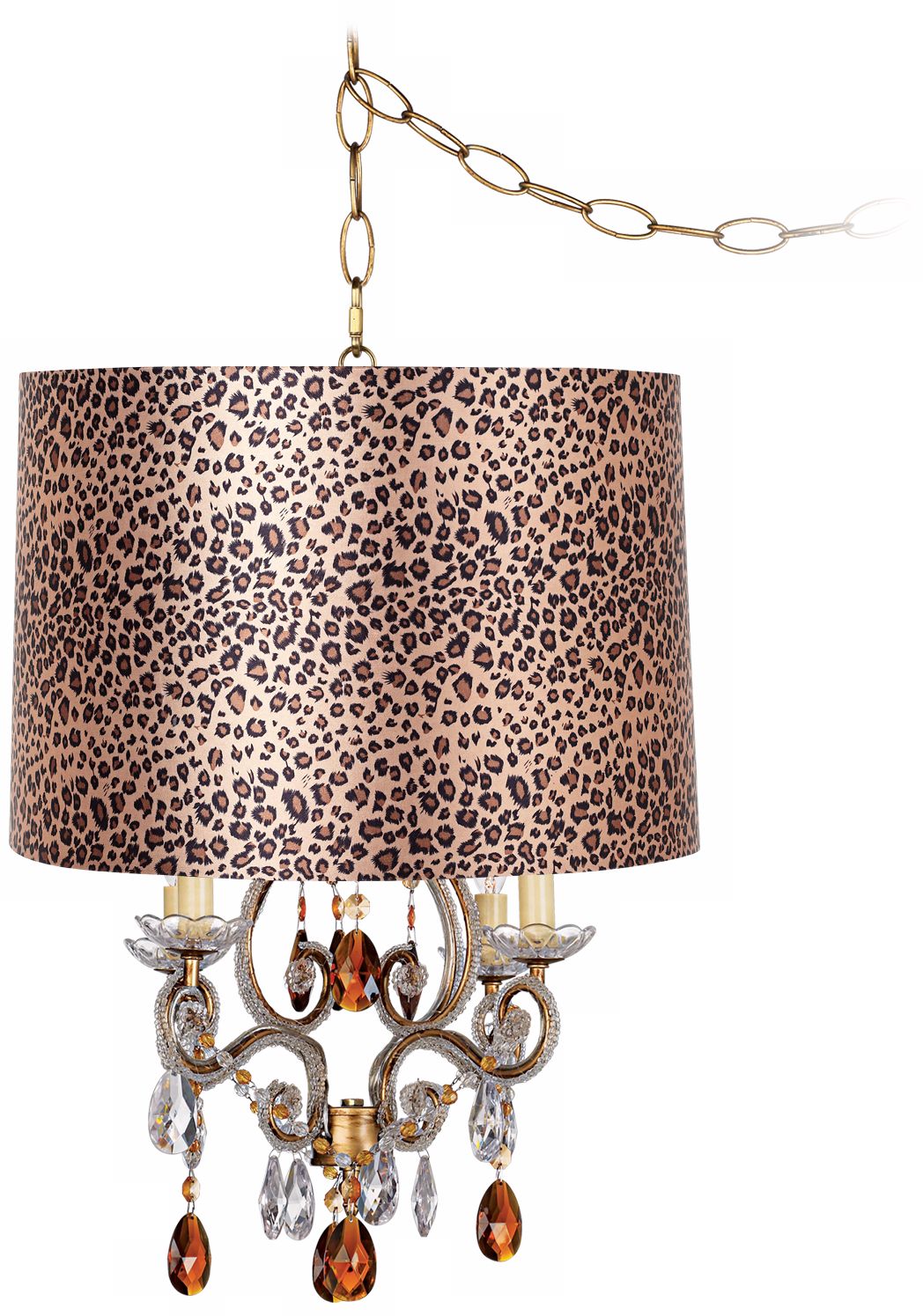 Leila Gold Designer Leopard Shade Plug-In Swag Chandelier