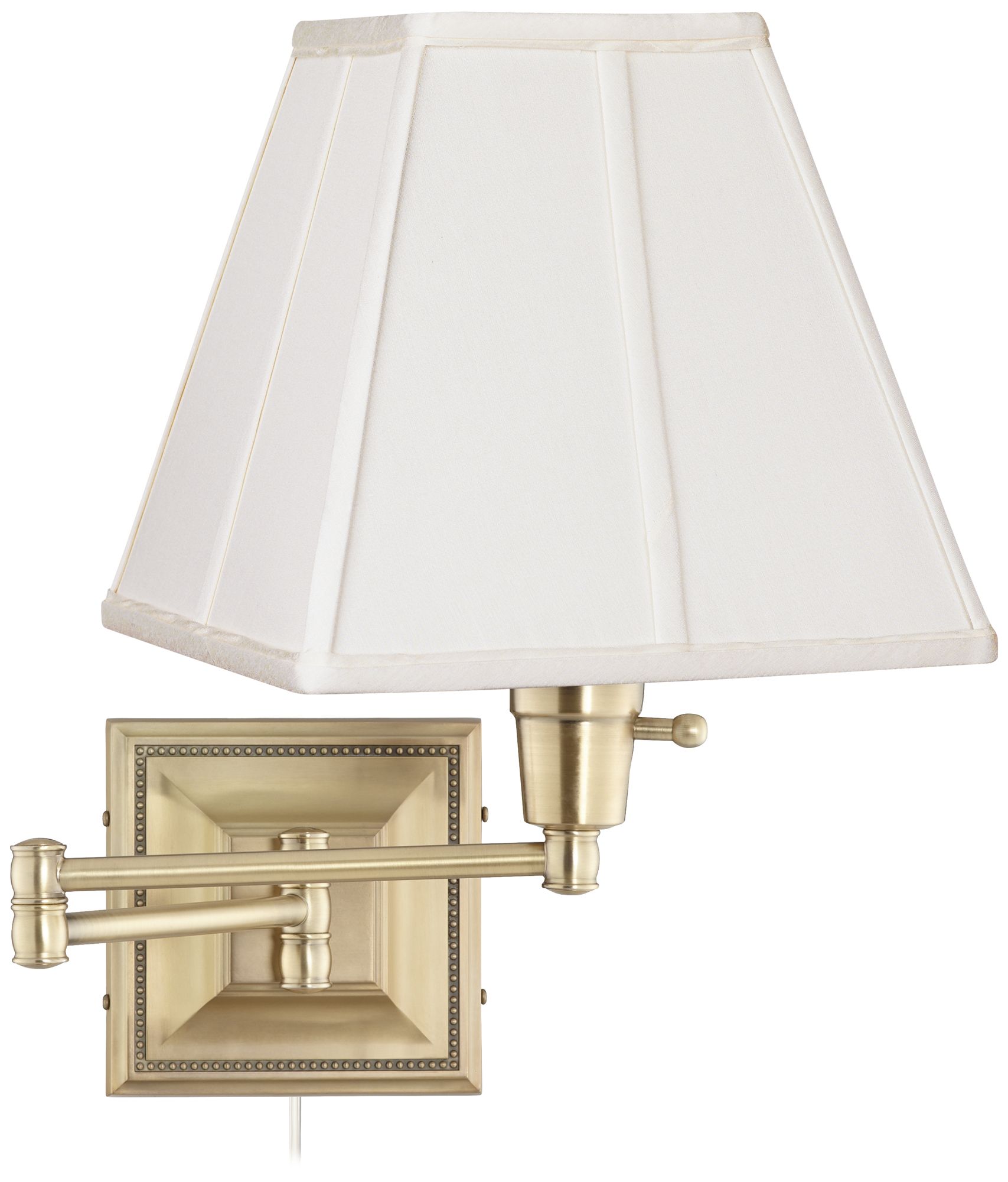 Ivory Square Shade Brass Beaded Plug-In Style Swing Arm Wall Lamp
