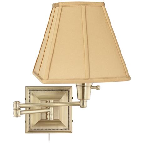 Tan Square-Cut Shade Brass Beaded Plug-In Swing Arm Wall Lamp