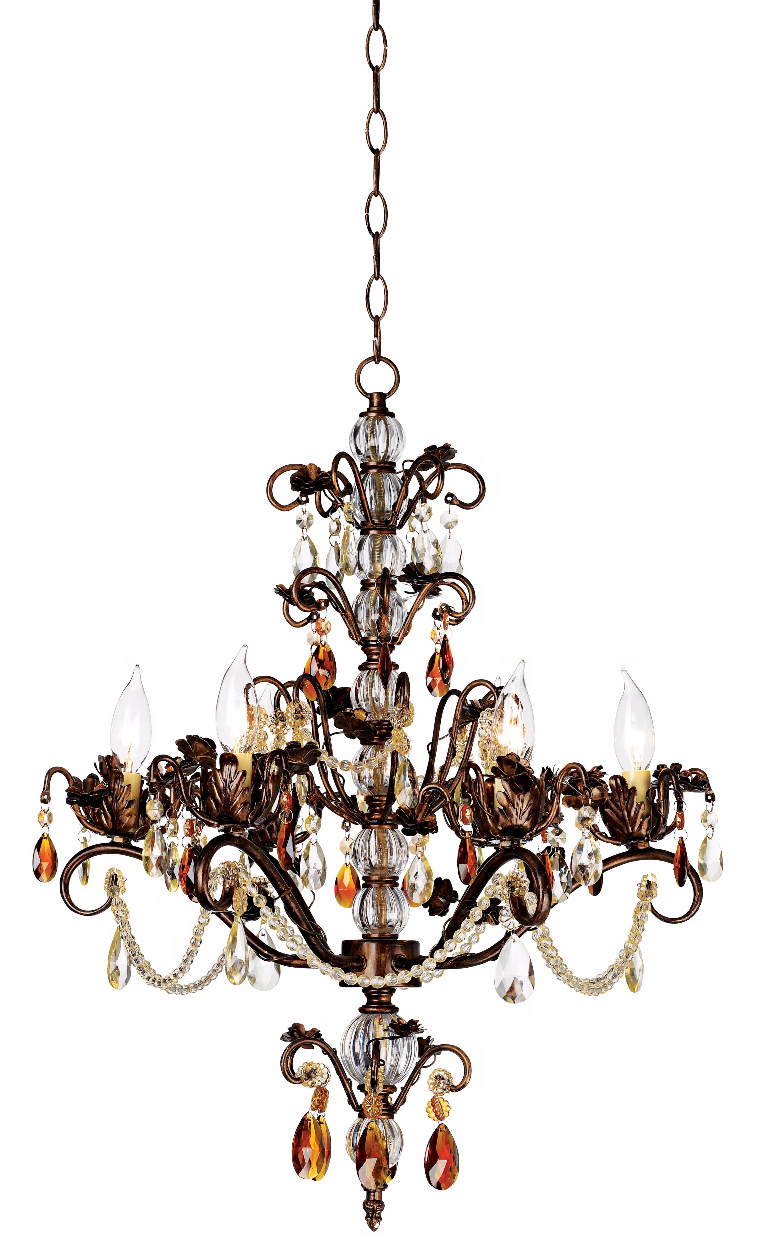 Amber and Yellow Bronze Six Light Chandelier
