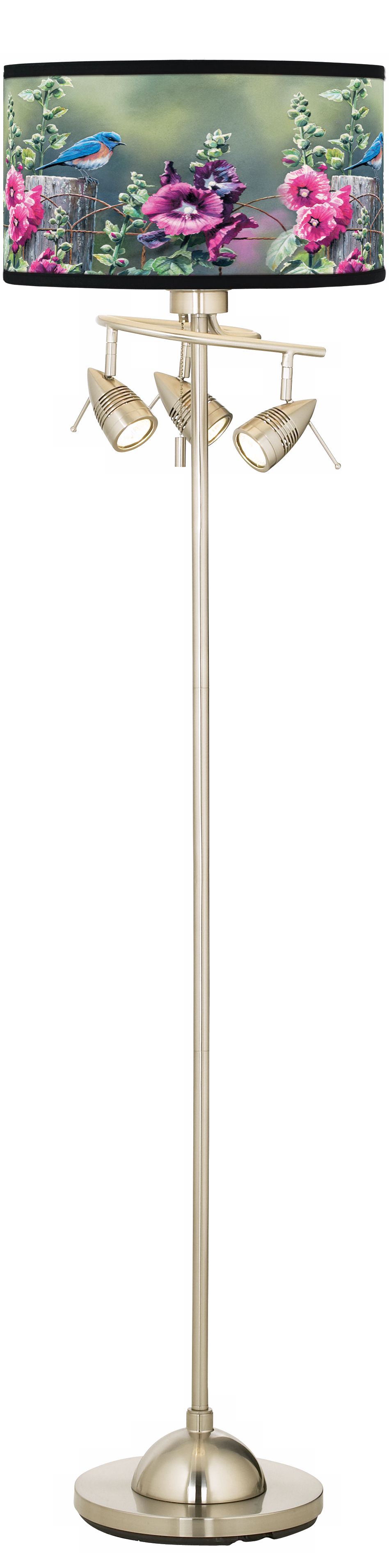 Bluebird and Hollyhock Giclee Brushed Steel Floor Lamp 84019 F0859