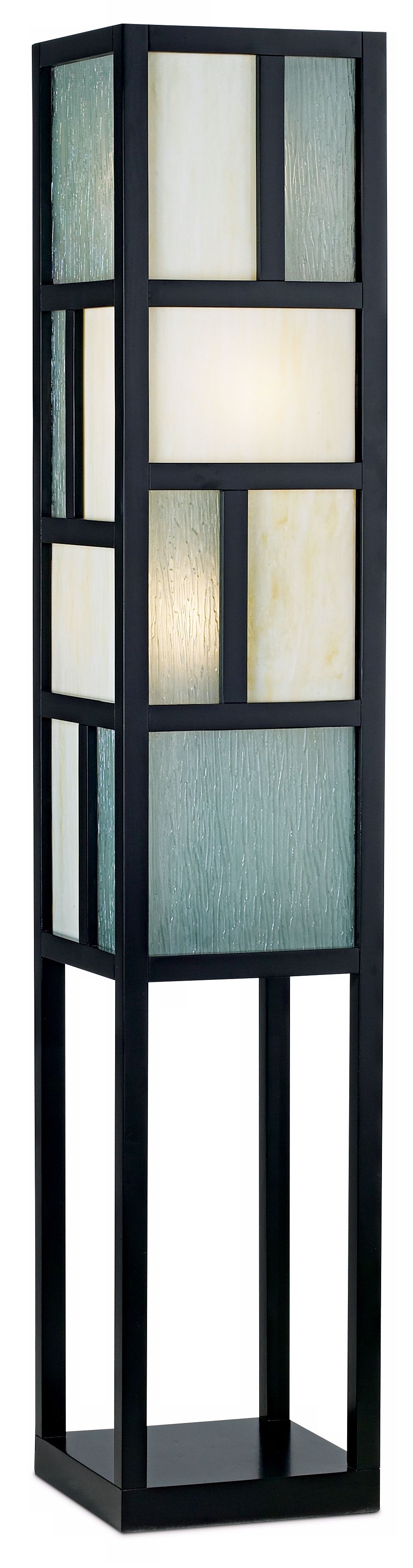 Black Wood Tiffany Glass Panels Floor Lamp