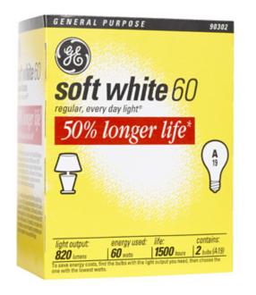 GE 60 Watt 2 Pack Long Life Light Bulbs 90302