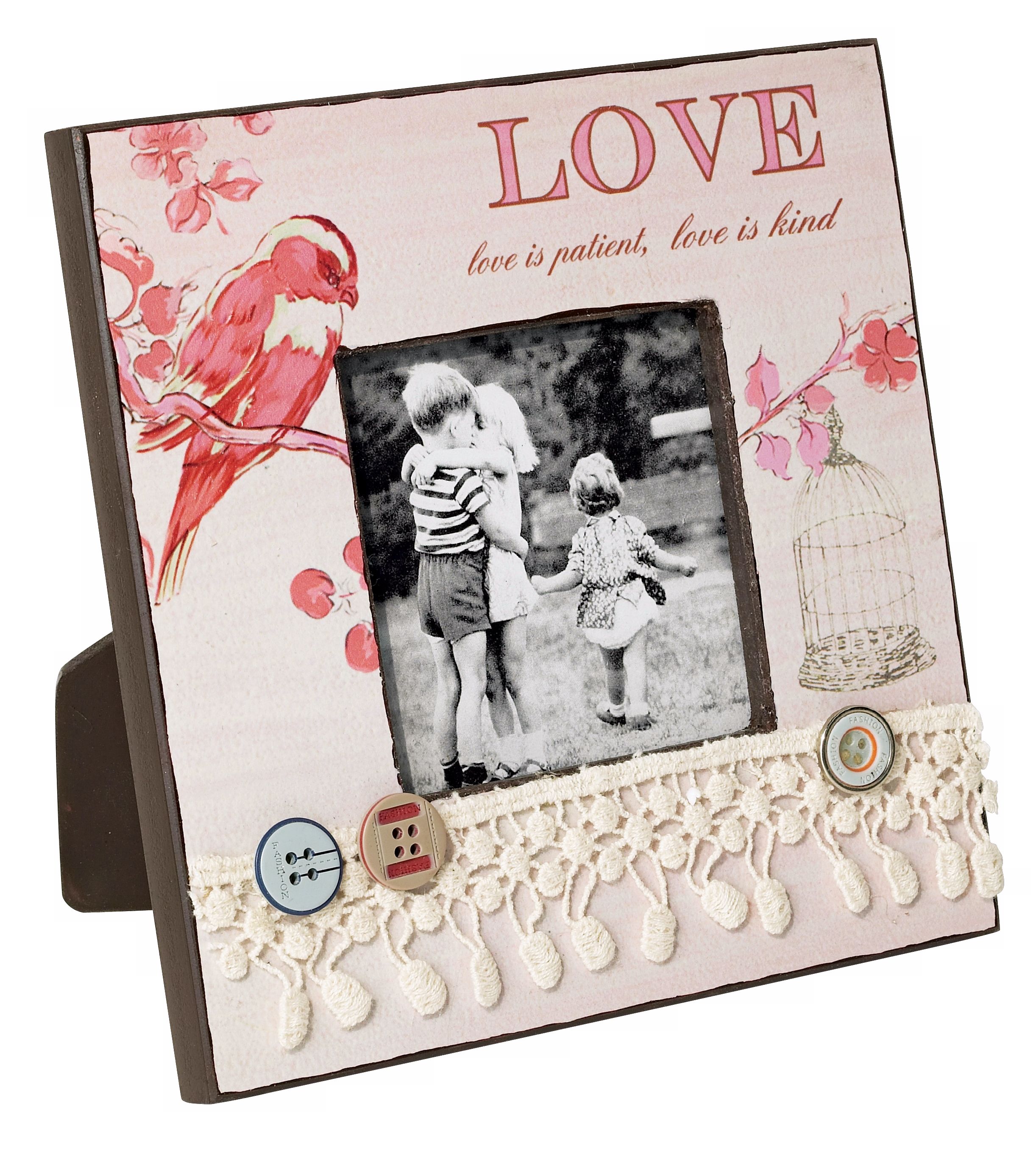 Pink Love Bird with Lace and Button Picture Frame