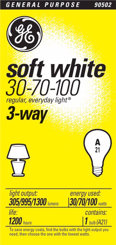 GE 3-Way Soft White Bulb -  30/70/100 Watts