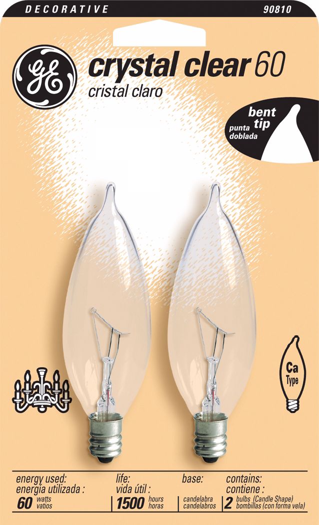 GE 60 Watt  2-Pack Bent Tip Clear Candelabra Bulbs