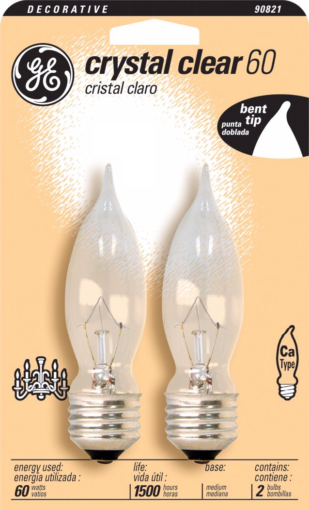 GE 60 Watt Medium Base 2-Pack Clear Bent Tip Bulbs