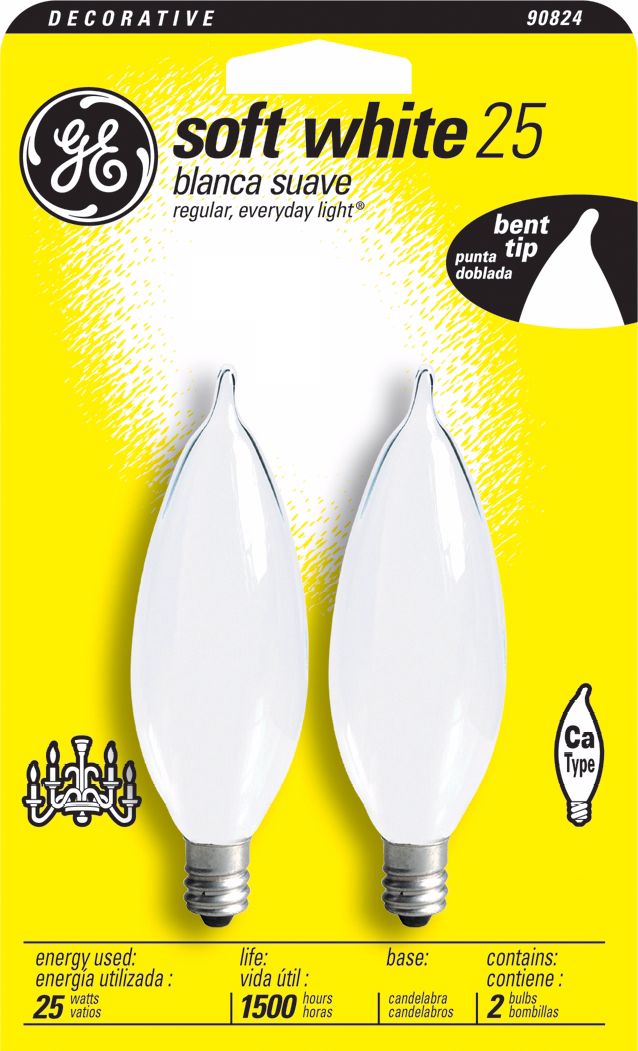 GE 25 Watt 2-Pack Bent Tip Frosted Candelabra Bulb