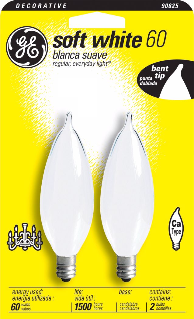 GE 60 Watt Bent Tip 2-Pack Candelabra Light Bulbs