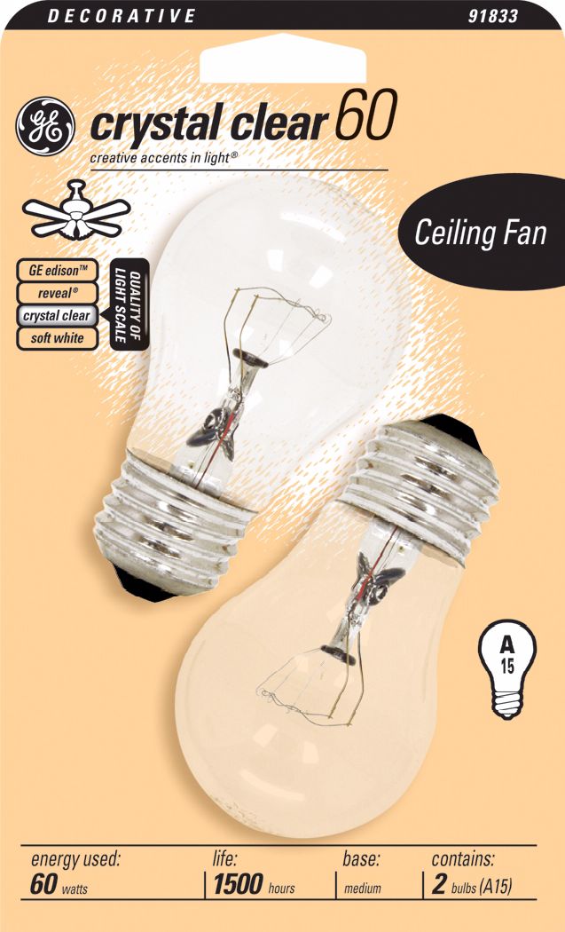 GE 60 Watt Crystal Clear 2-Pack Ceiling Fan Light Bulbs