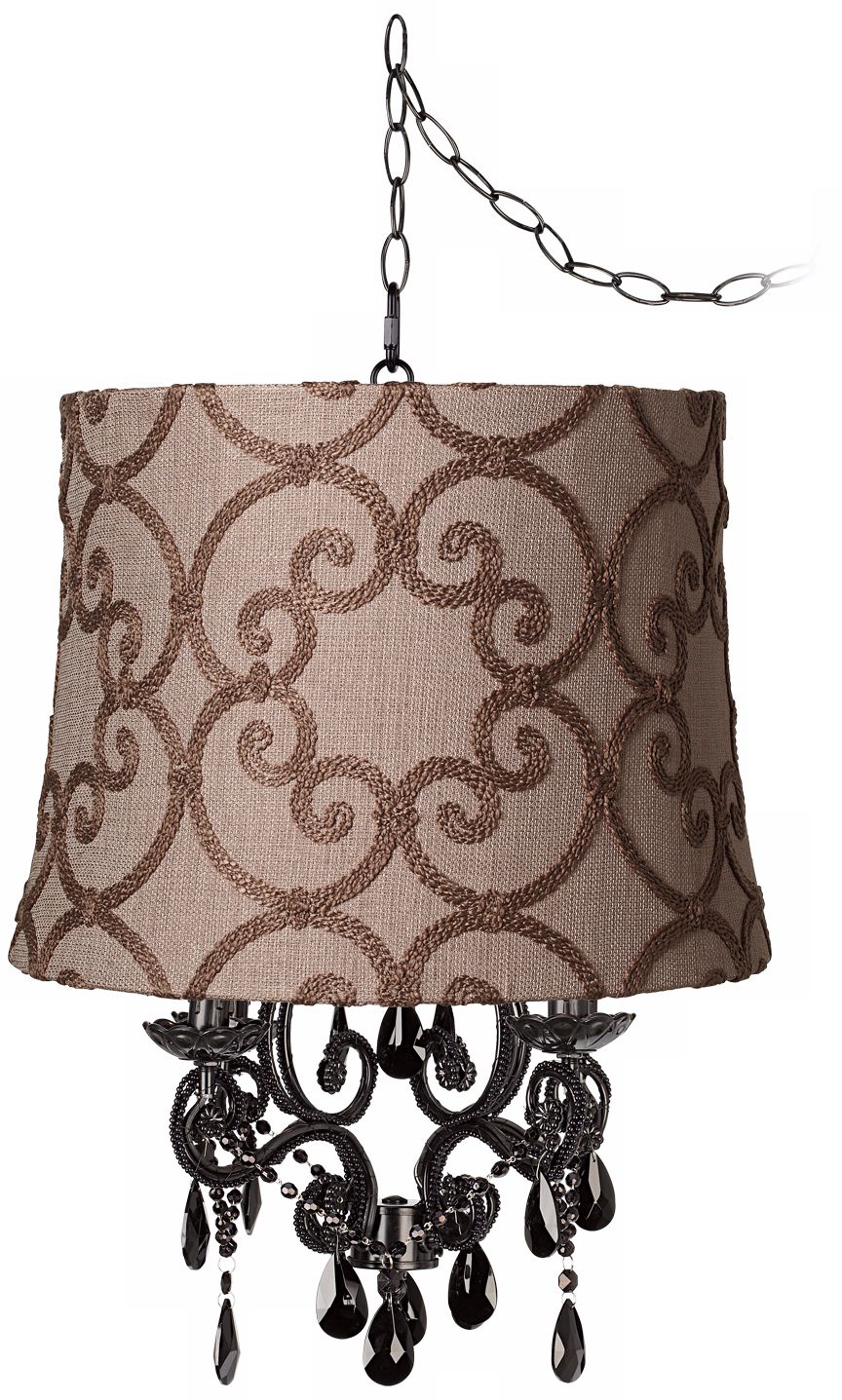 Black Glass Designer Burlap Shade Plug-In Chandelier