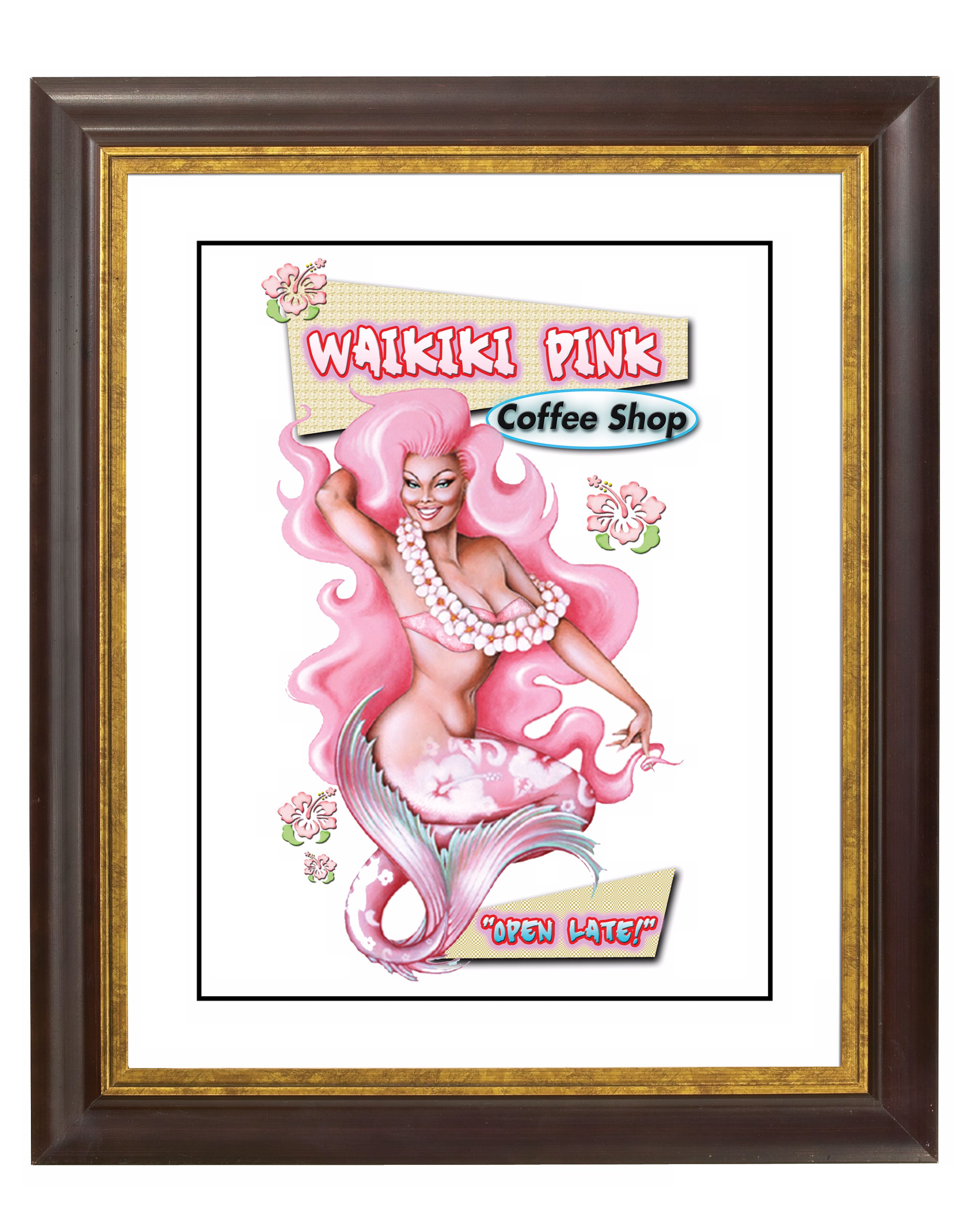 Waikiki Mermaid Gold Bronze Frame Giclee Wall Art