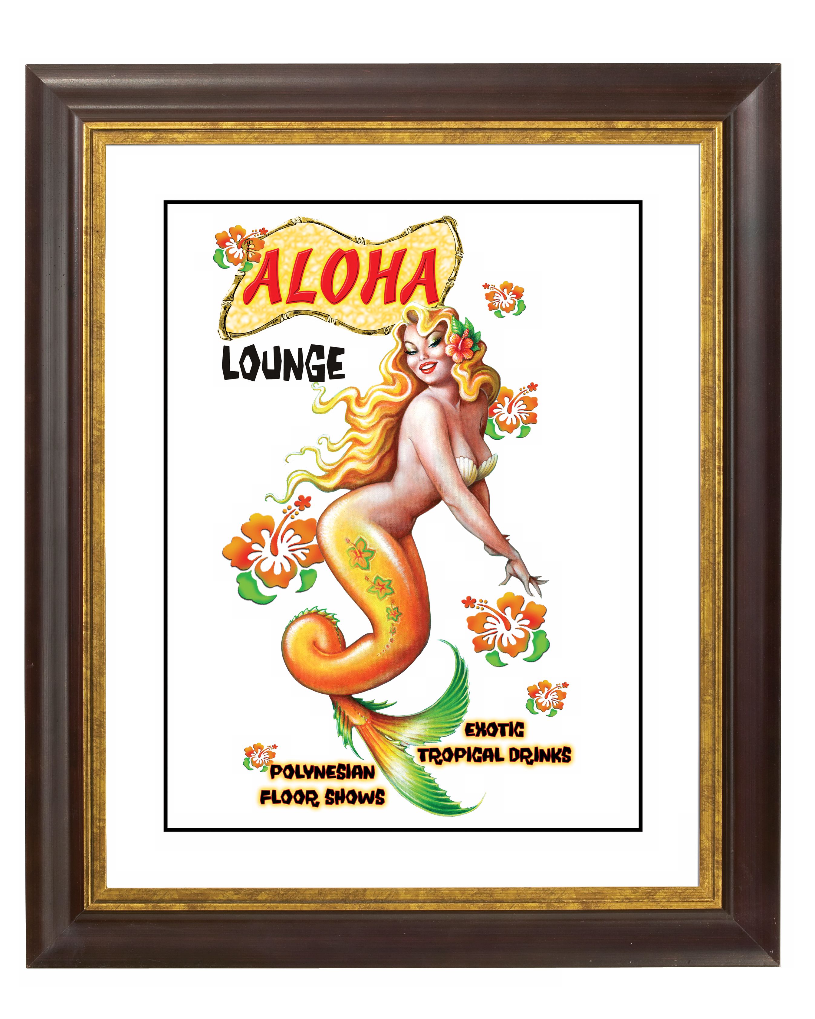 Aloha Mermaid Gold Bronze Frame Giclee Wall Art