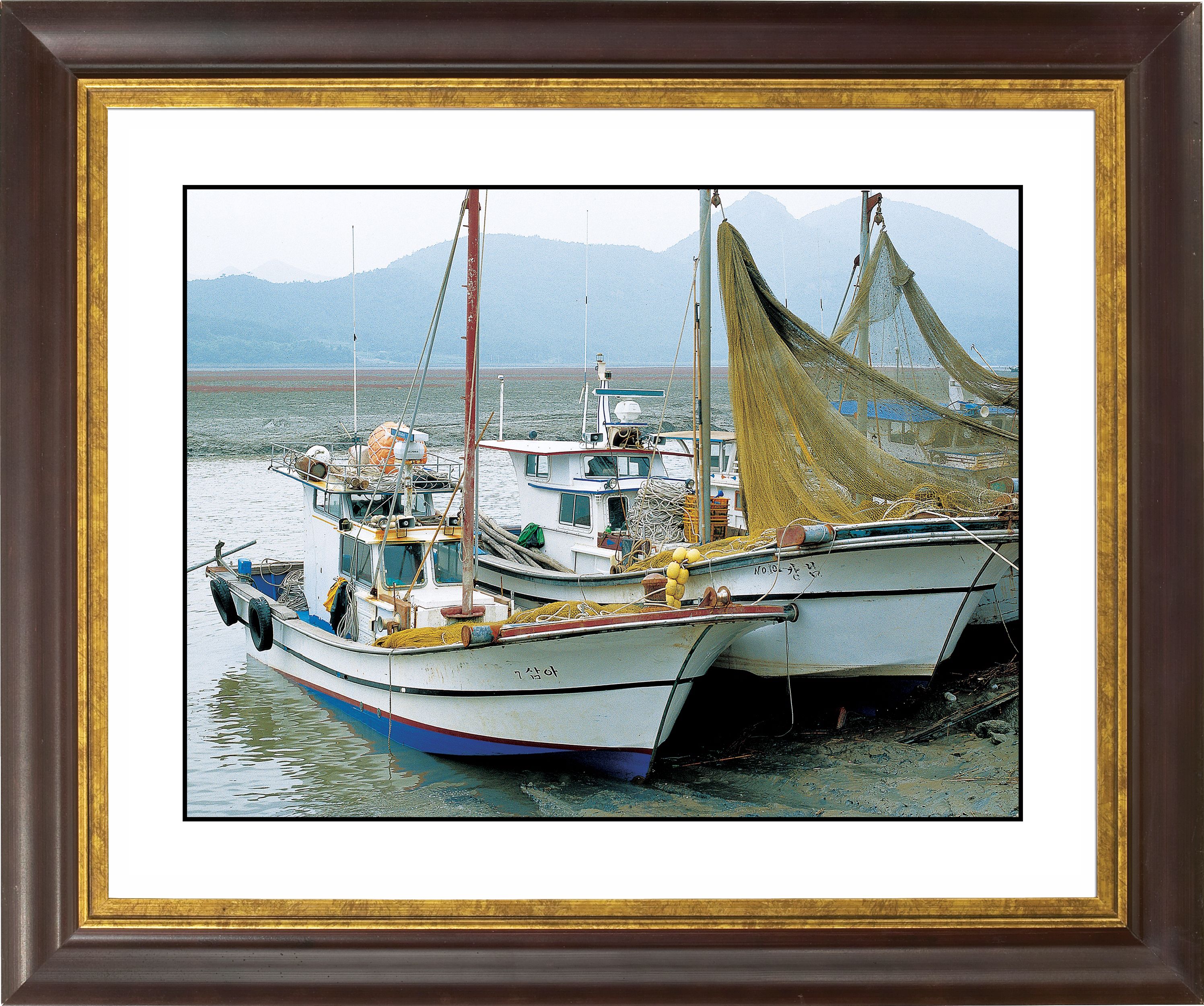 Fishing Boats Gold Bronze Frame Giclee 20" Wide Wall Art