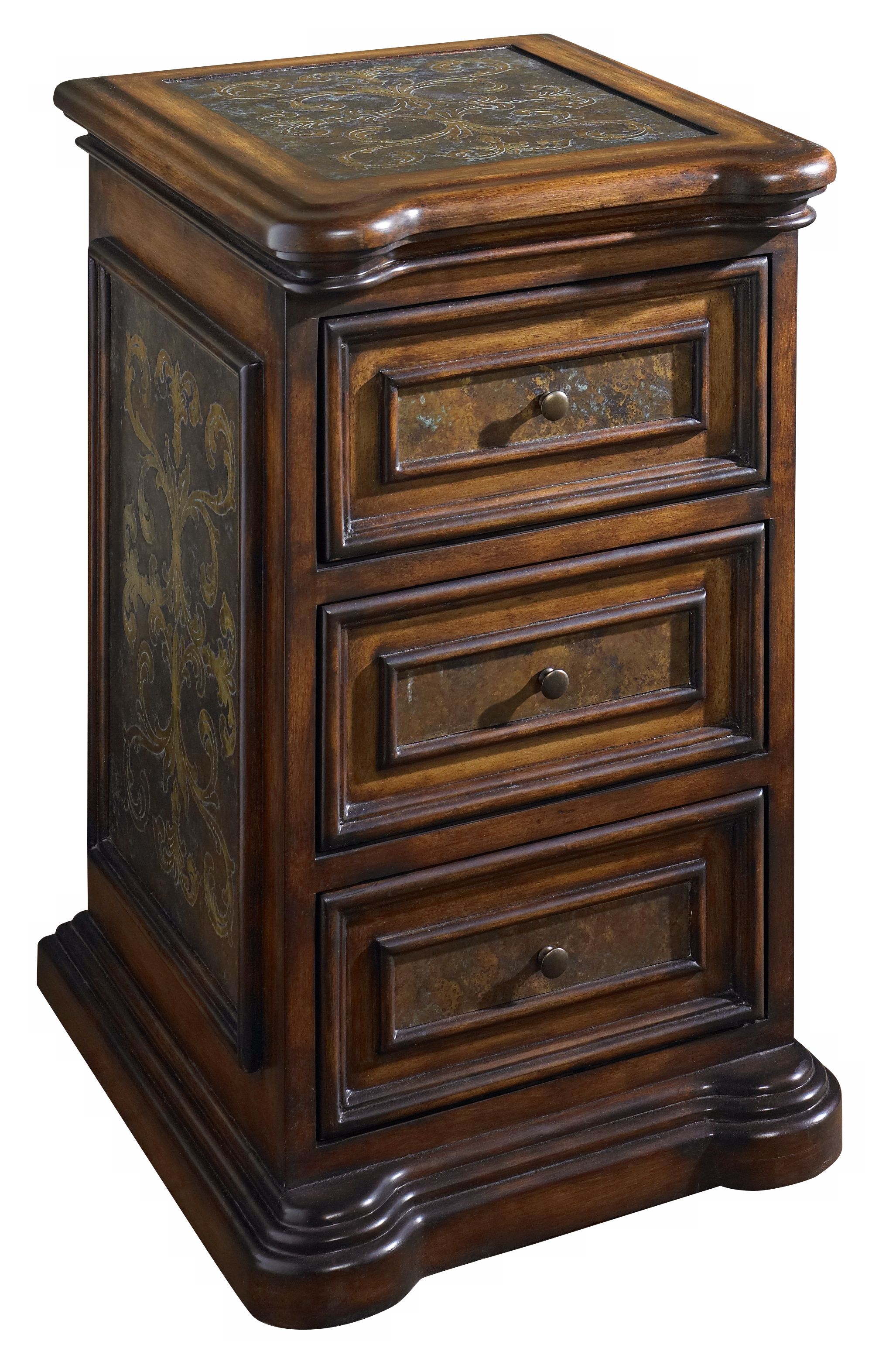 Three Drawer Chairside Chest with Brass Accents