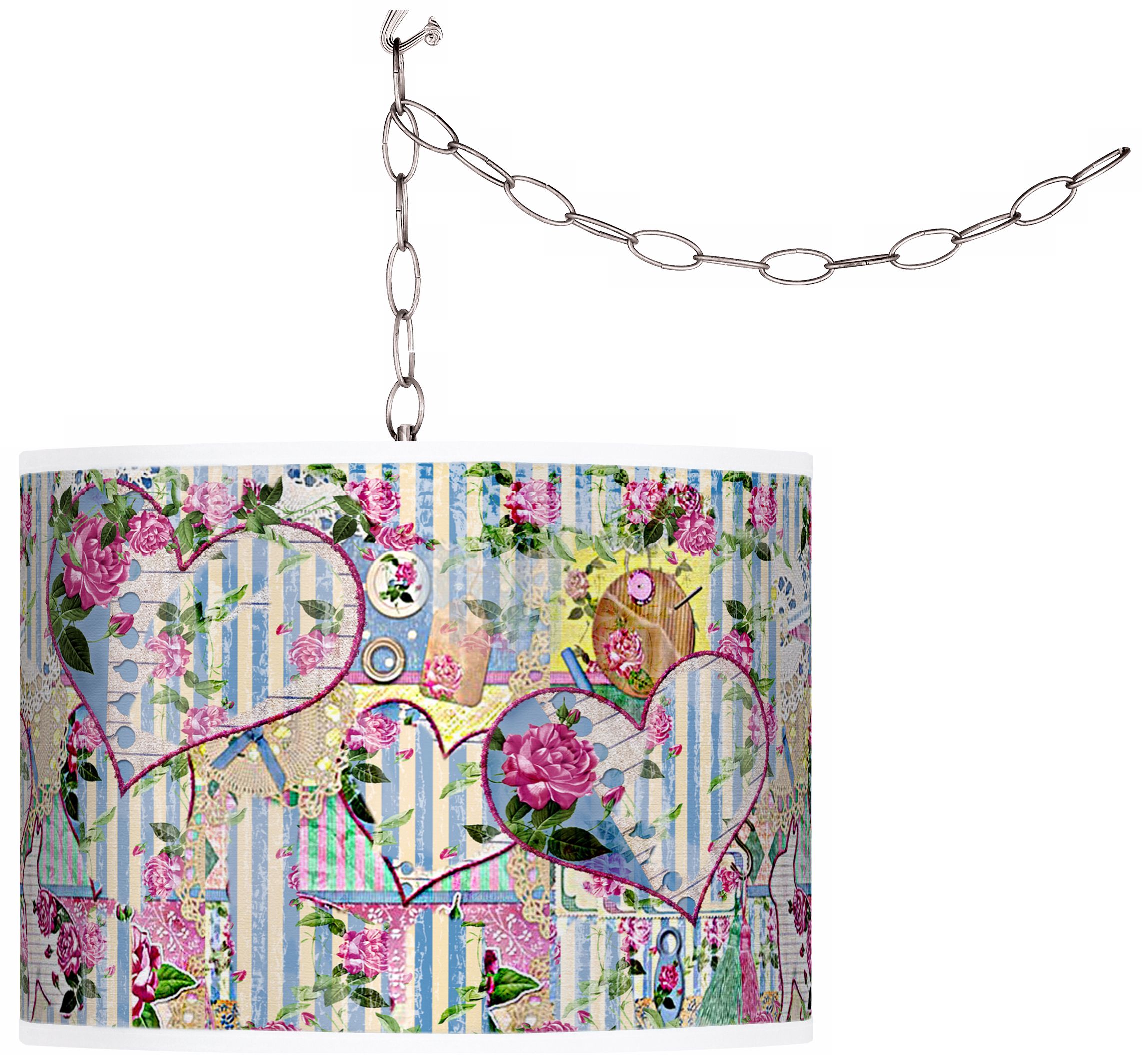 Swag Style Hearts and Roses Shade Plug-In Chandelier
