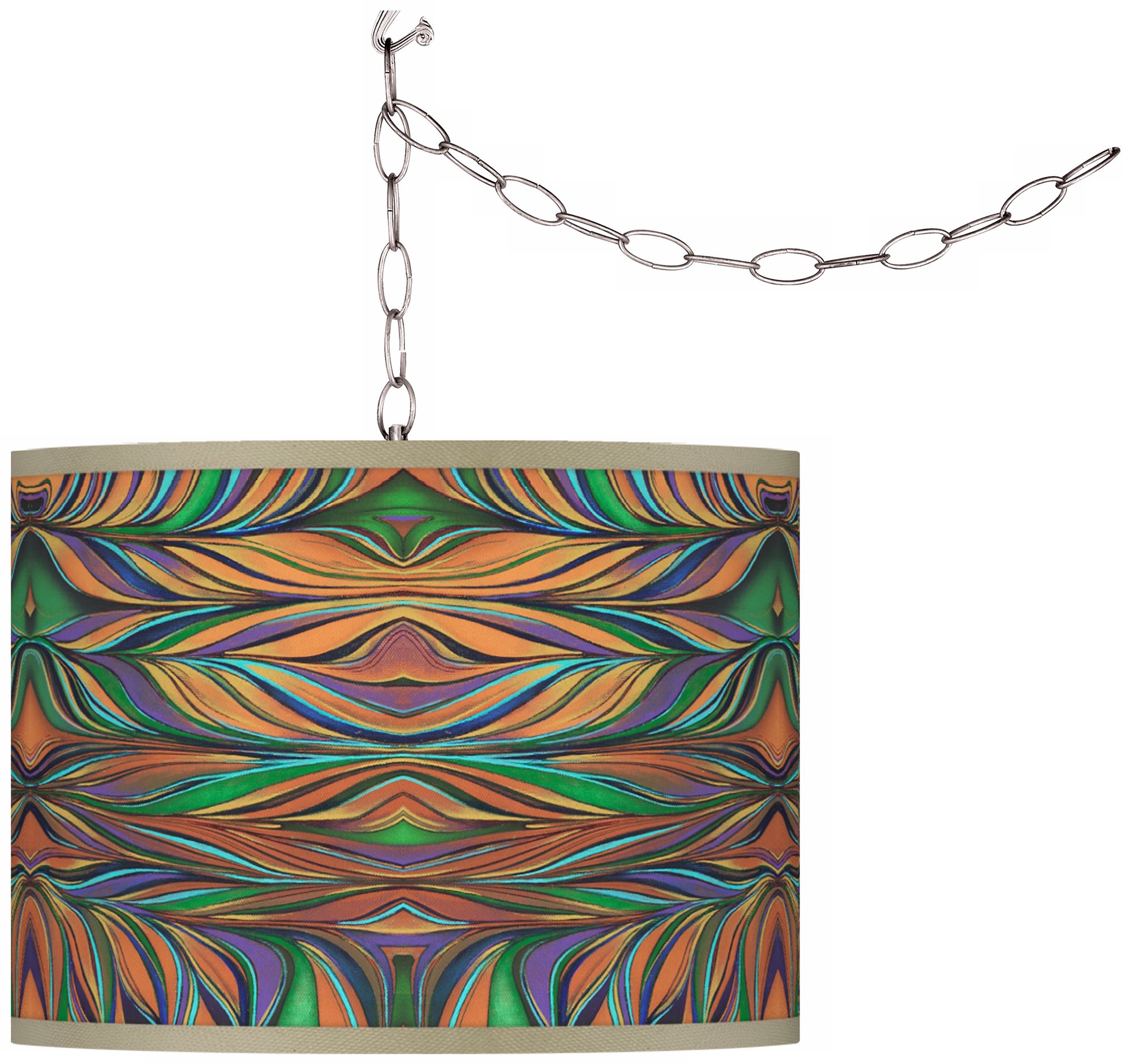Swag Style Exotic Peacock Giclee Shade Plug-In Chandelier