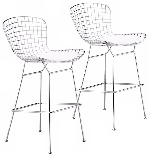 Set of Two 35" Wire Barstool Steel and White Leatherette