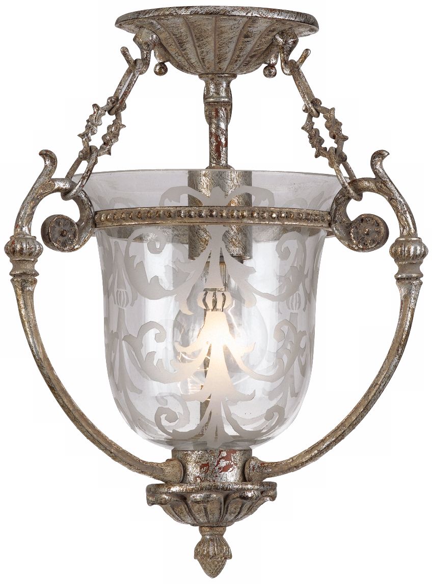 Etched Glass Aged Silver 13" High Ceiling Fixture