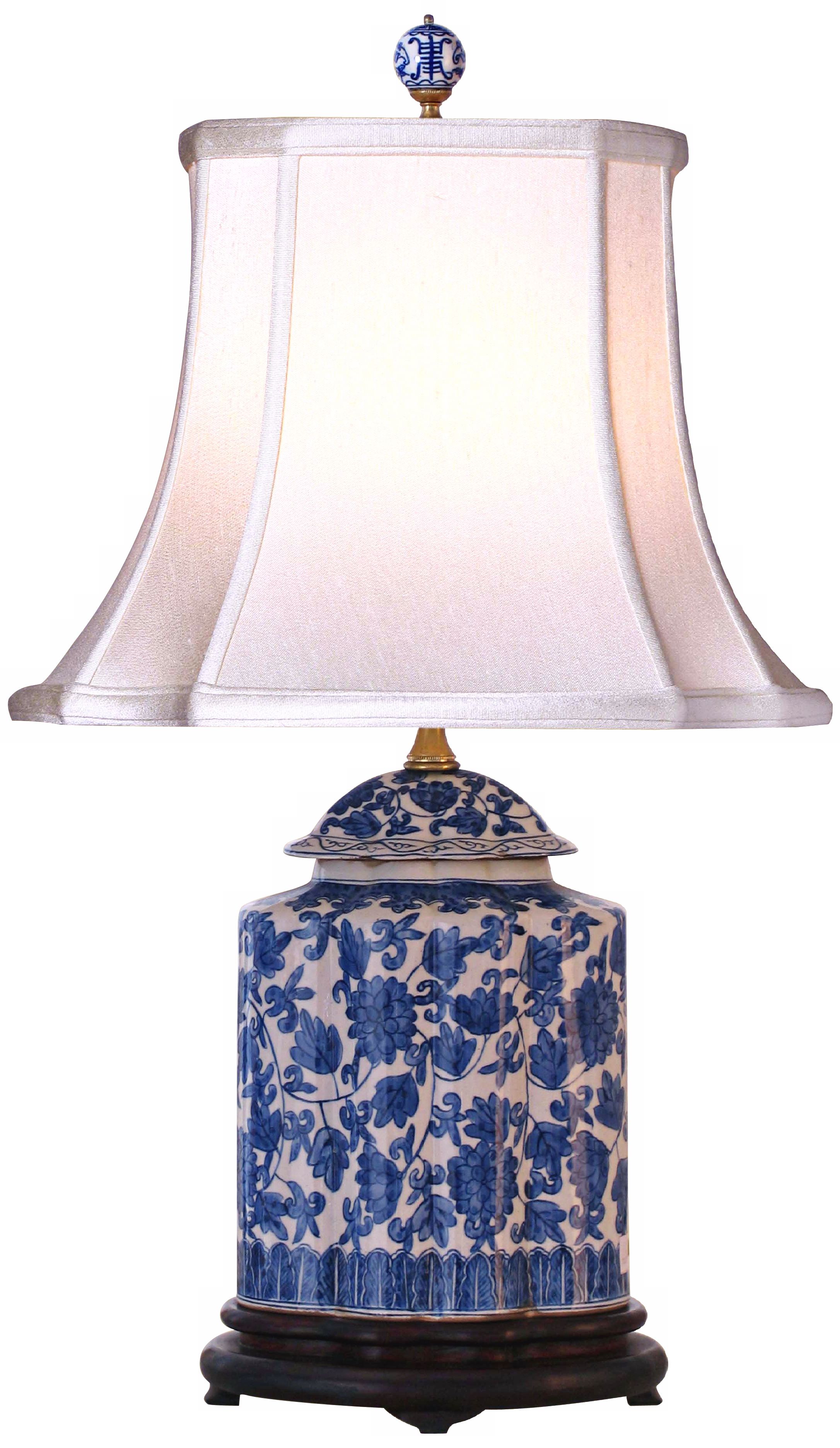 Blue and White Floral Scalloped Porcelain Tea Jar Table Lamp