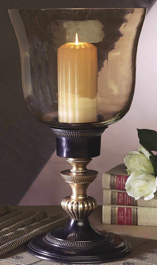 Antique Brass Black Amber Hurricane Candle Holder