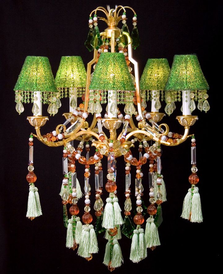 Green Beads and Gold Finish Five Light Chandelier