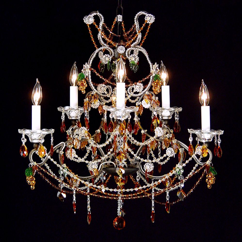Green & Amber Crystal Beaded Six Light Chandelier