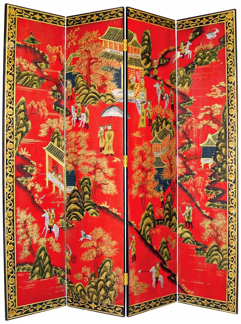 Oriental Village Hand-Painted Japanese Room Divider Screen
