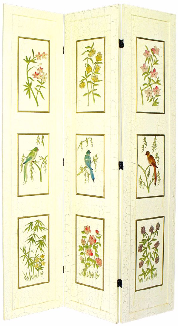 Crackle Flowers and Birds 3-Panel Room Divider Screen