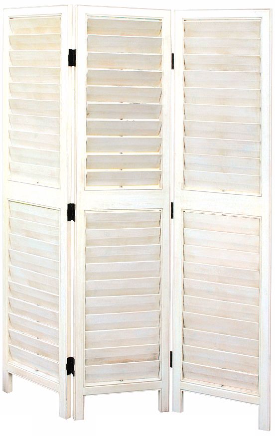 White Painted Louvered Three Panel Wood Screen